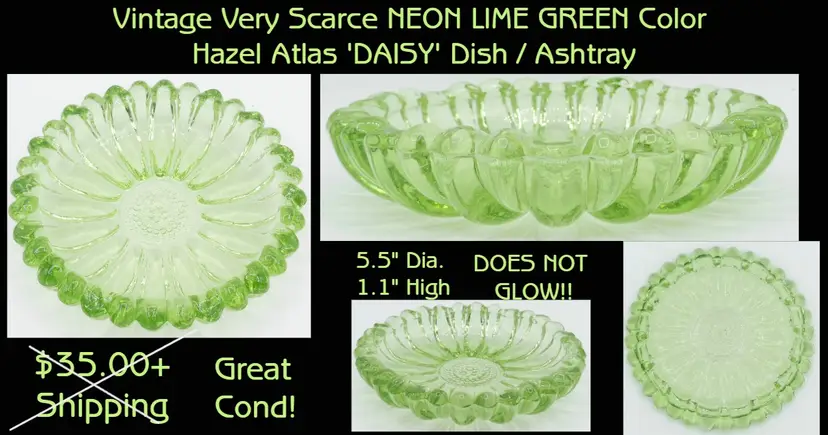 HTF Color! Vintage Hazel-Atlas LIME GREEN Sunflower Dish / Ashtray