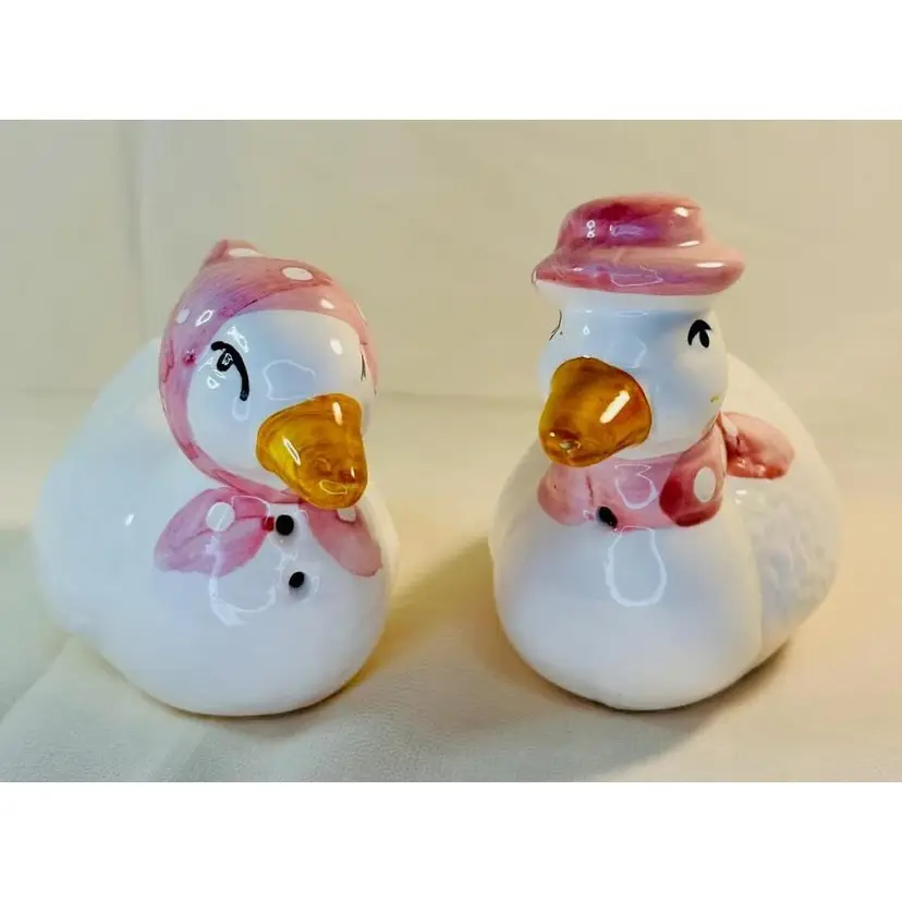 Vintage Mr. & Mrs. Duck Salt & Pepper shakers ceramic Pink Collar and Kerchief