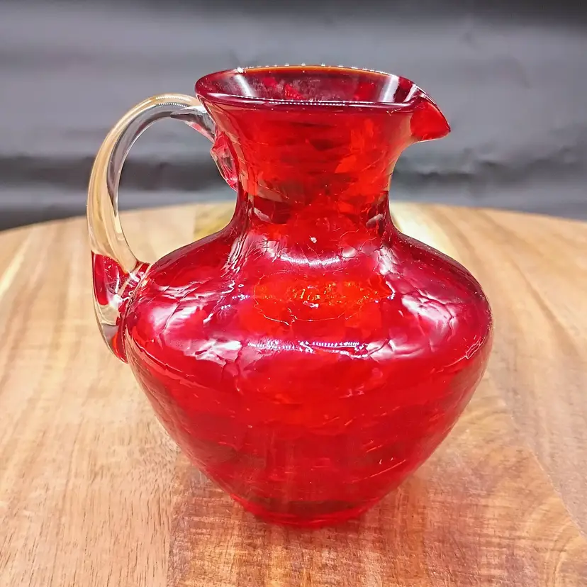 Vtg Red Cranberry Crackle Glass 3.5” Pitcher Clear Applied Handle Hand Blown