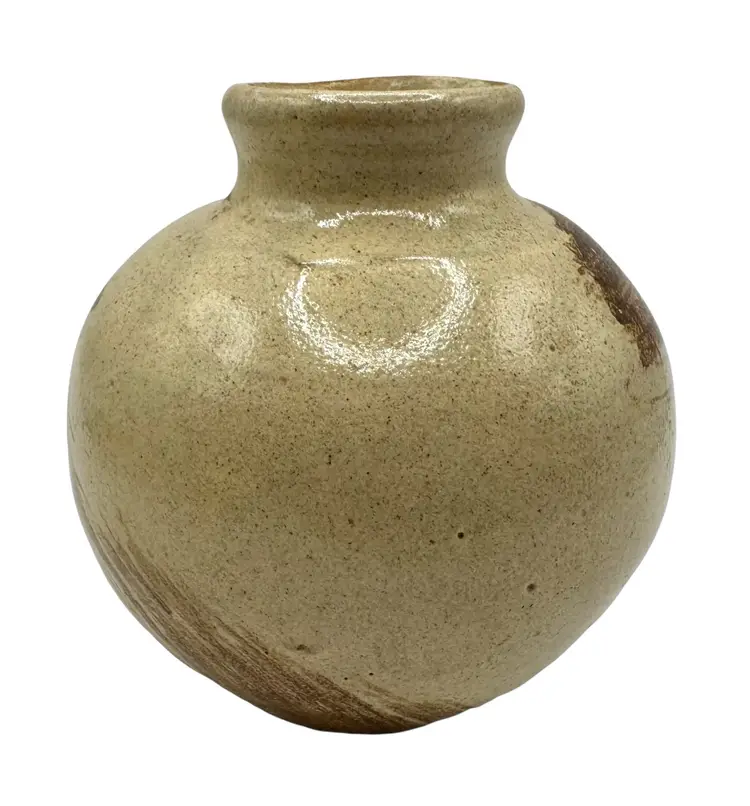 Signed Fran Studio Art Pottery Weed Pot Bud Vase Beige Brown Brushstroke 3.5”