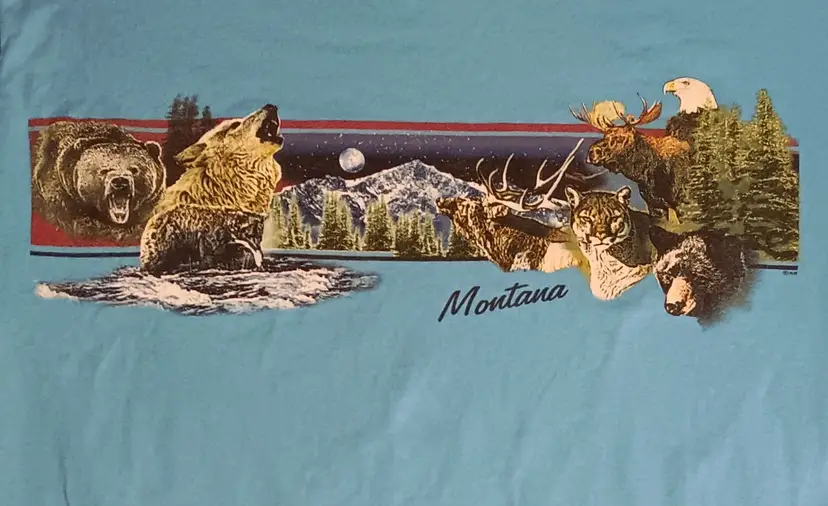 vintage Montana outdoor animal print t-shirt bear eagle wolf blue souvenir