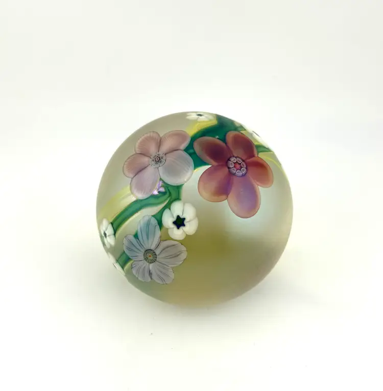 Signed 1984 Orient & Flume Floral Glass Paperweight 3”x 3”