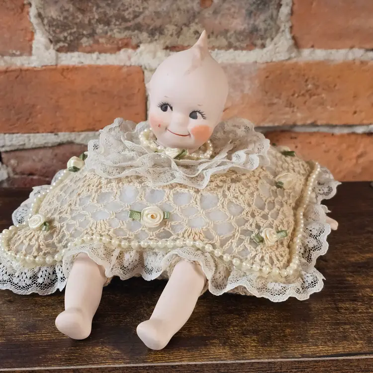 Vintage Kewpie Pillow Doll Bisque Head & Limbs Crochet Lace Skirt Pearls Roses Shabby Cottage Chic