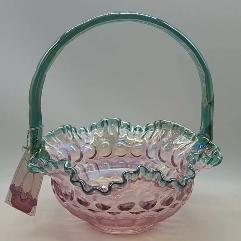 VINTAGE FENTON ROSE MAGNOLIA SEAGREEN CREST IRIDISED THUMBPRINT BASKET