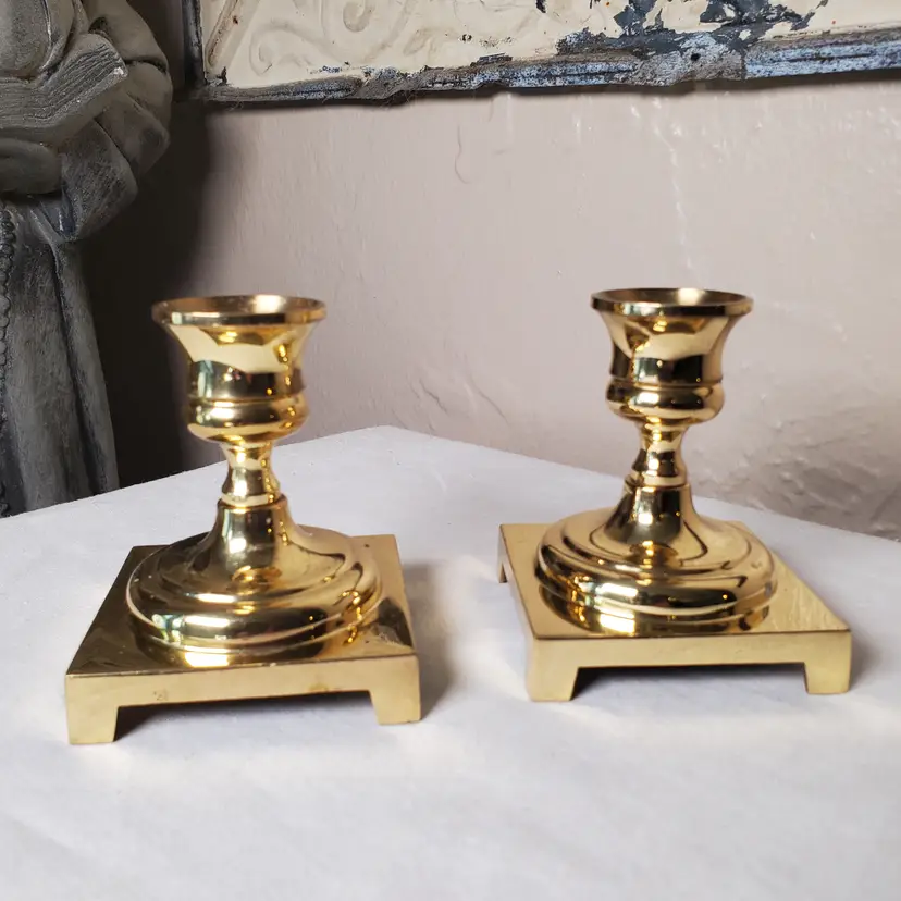 Set of two Square Brass Candlestick Holders