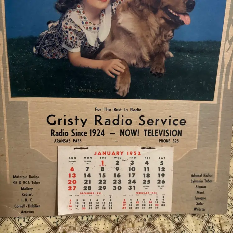 #7- 1952 Gristy  Radio Service Advertising Calendar Girl Dog