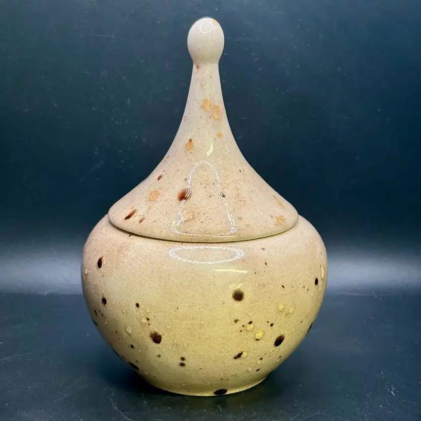 MCM Style Blush Beige Speckled Ceramic Lidded Jar Candy Dish 6.25”