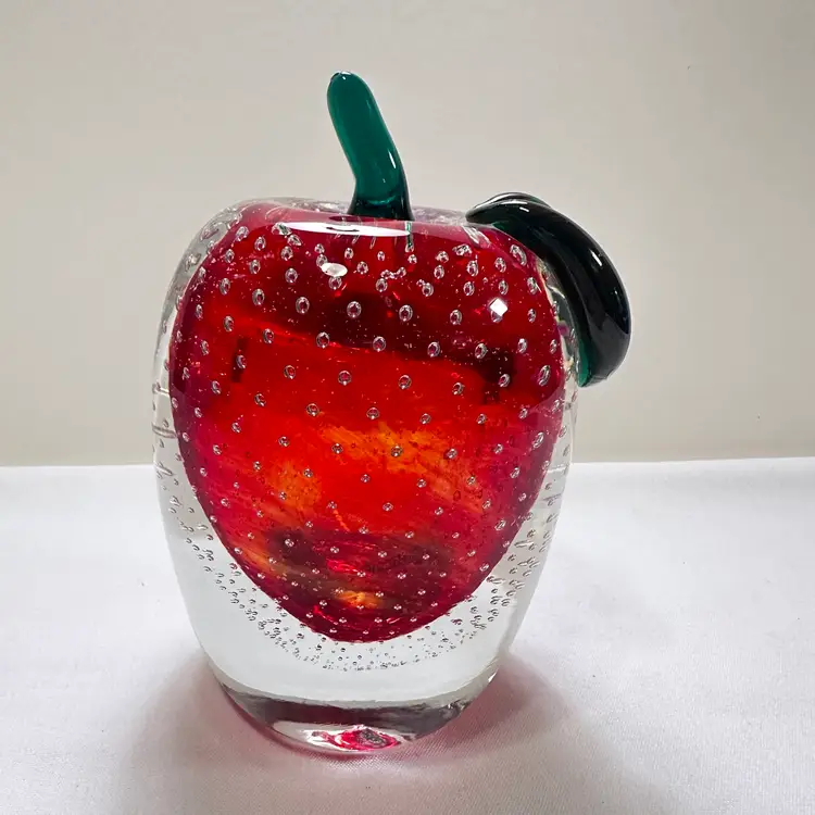 Murano Bullicante Art Glass Apple Controlled Bubbles Applied leaf And Stem VTG Hand made