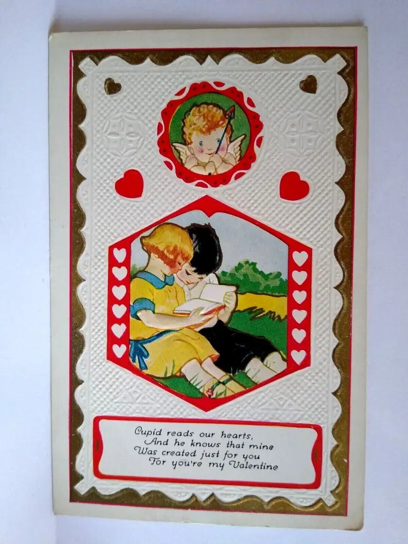 Valentine Postcard Cupid Watches Children Reading Book Embossed Series 448
