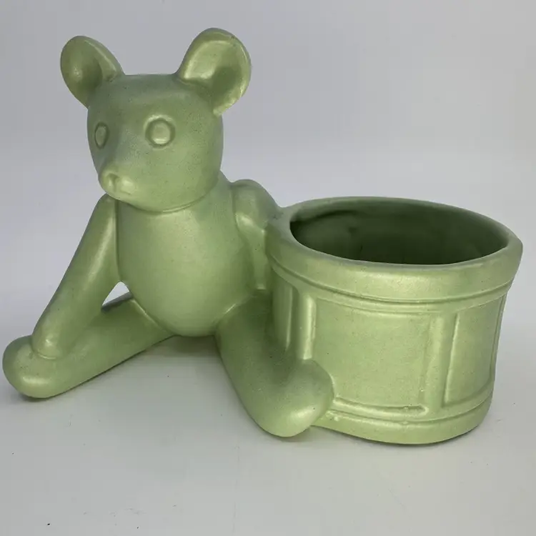 Haeger Pottery Matte Light Green Teddy Bear W/Drum Planter