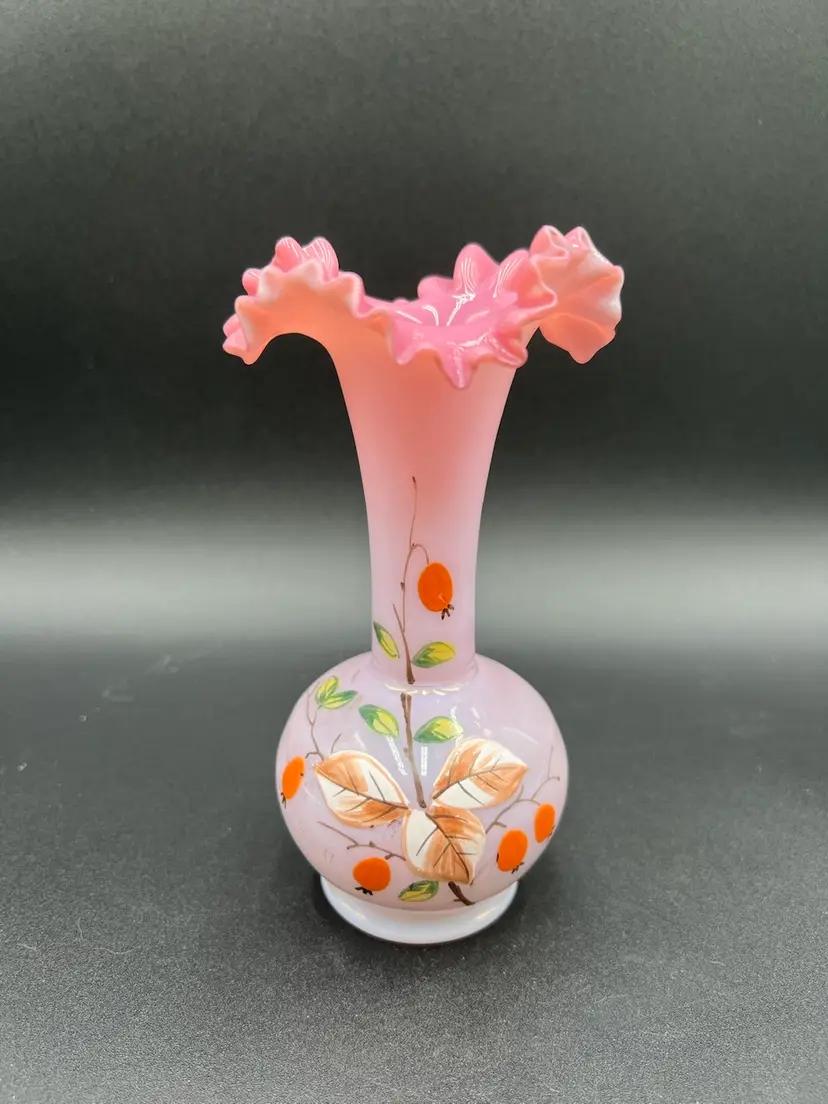 Antique Venetian Opaline Ruffle Top Pink Hand Blown and Painted Vase 6.25”
