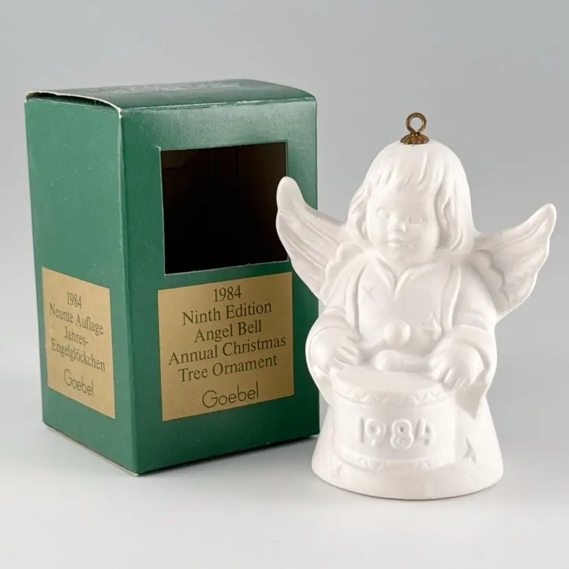 Goebel Angel Bell Playing Drum Christmas Ornament, White Bisque Porcelain, Vintage 1984, Made in Germany