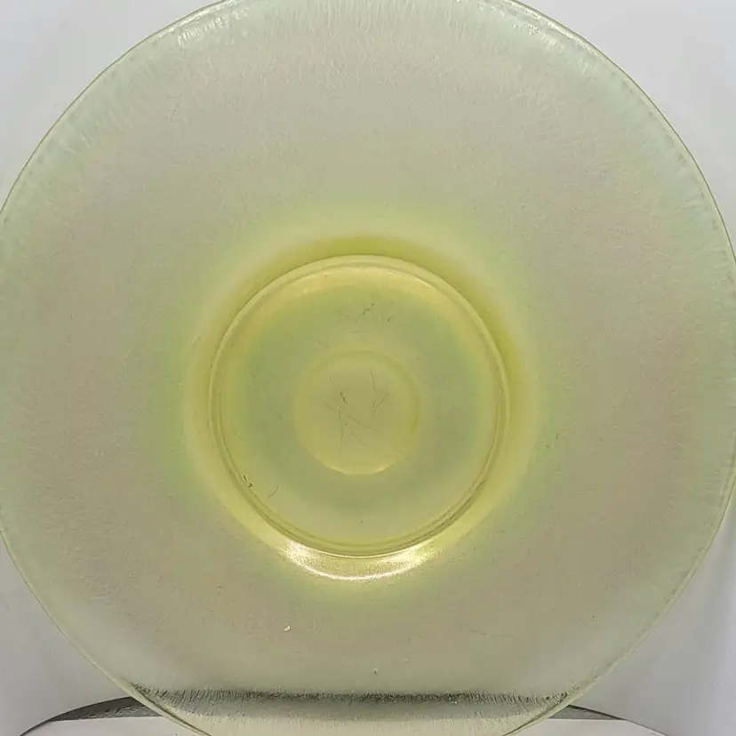 Vintage Yellow Iridescent Stretch Vaseline Satin  Glass Tiffin Plate UV Reactive 8 1/2"
