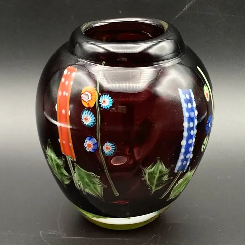 Vintage Handblown Purple Amethyst Cased Art Glass Vase Millefiori Flower 5" H