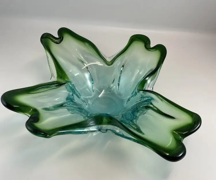 Glowy! Hand Blown art glass bowl, aqua blue and Green Holiday glass, Vintage Murano JIC