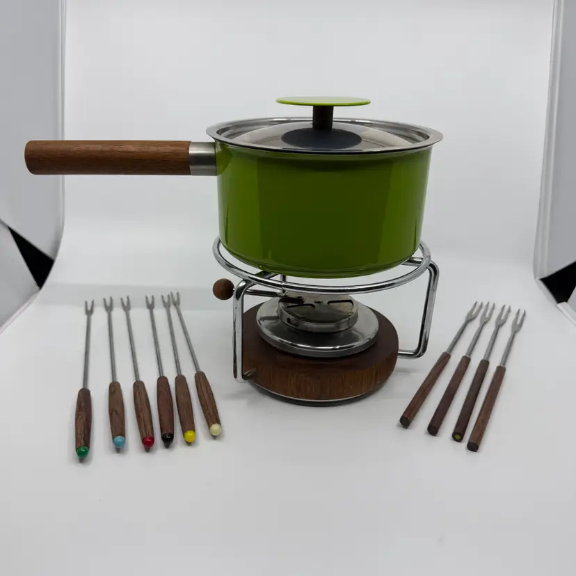 Vintage MCM Dansk Green Enamel Fondue Pot Wood Base, Burner & 10 Forks