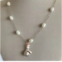 Pretty Silver and Pearl Necklace with Silver Shiva Eye Shell Charm For Good Luck