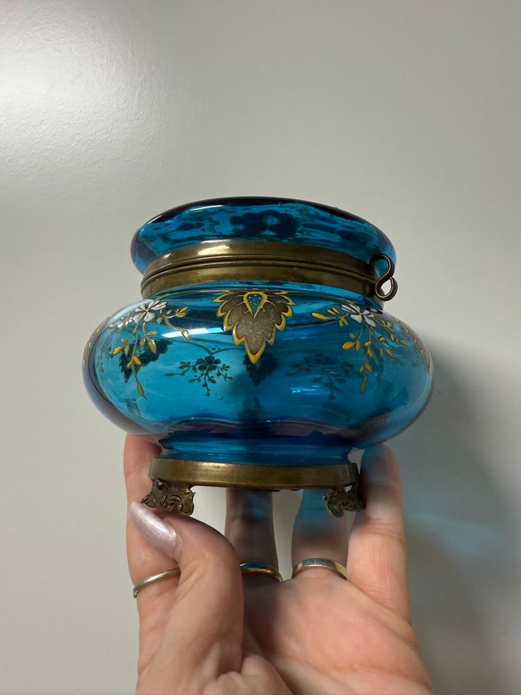 Antique Moser Bohemian Enamel Painted Blue Glass & Brass Dresser Box Casket 3.5x4.5”