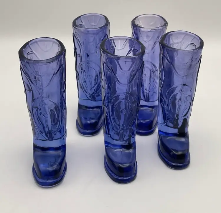 Set of 5, Circleware, “Kick Back”, Bluish Purple, Glass Cowboy Boot Shot Glasses, 1.5 oz., 2 with labels