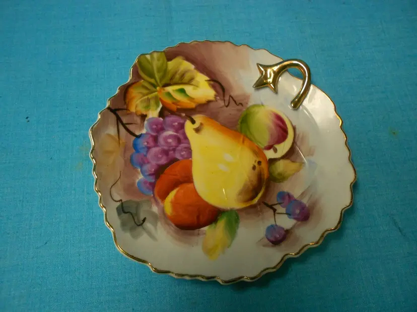 Vtg Lefton China Small Dish Handpainted Fruit Leaf Design Handle Original Sticker (BR2)
