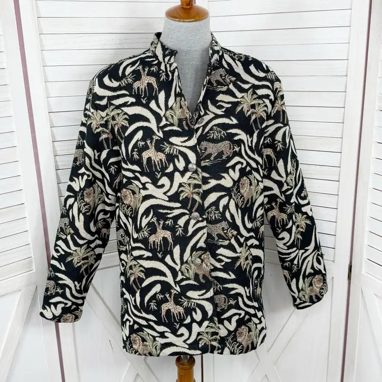 Erin London Vintage 90s Jacquard Tapestry Jungle Print Blazer Jacket Black Med