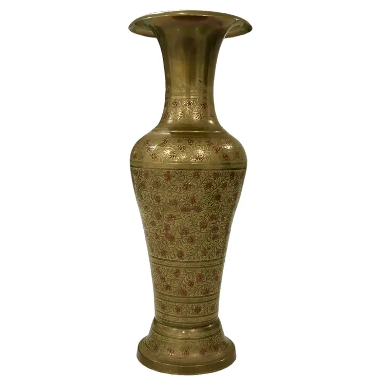 Vintage Brass Decorative Vase Etched with Red Flowers