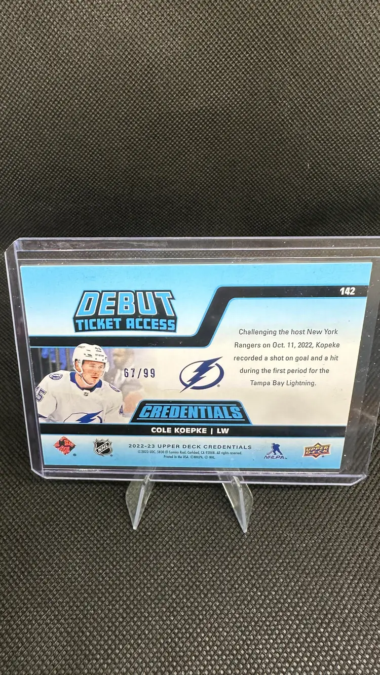 2022-23 Upper Deck Credentials Debut Ticket Access Cole Koepke Tampa Bay Lightning #142 Blue 76/99 RC