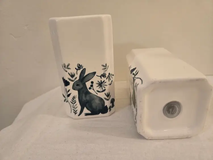 Ceramic Woodland Salt & Pepper Shakers Set Birds Mushrooms Bunny 4” Blue Cottage