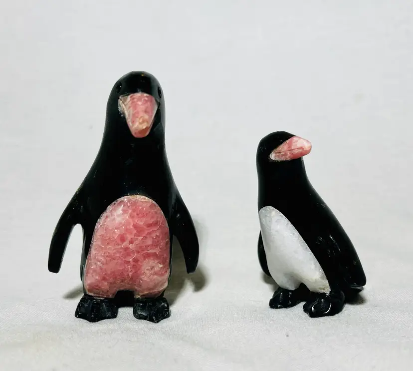 Vintage PAIR Of Carved Stone Black, White, And Pink Penguin Figurines