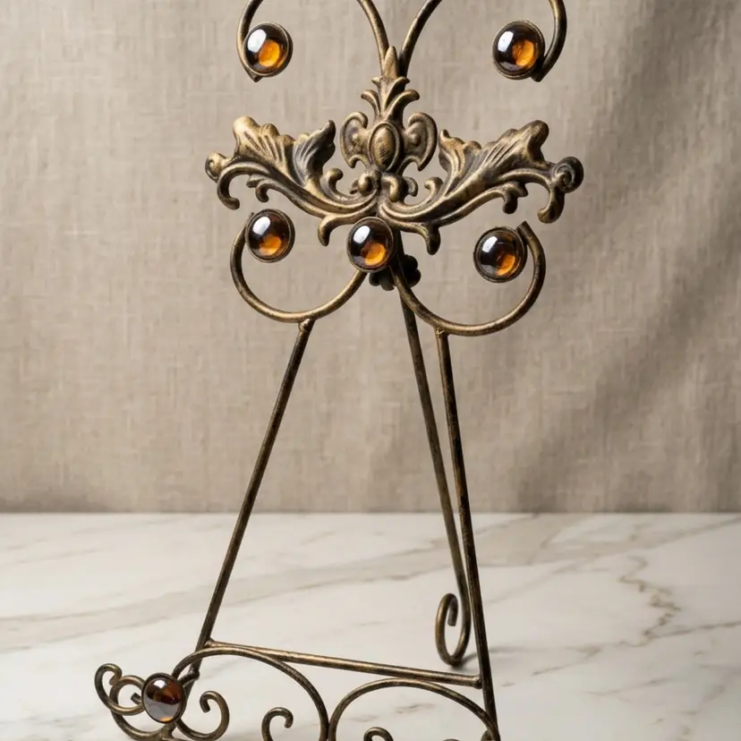 Ornate Metal Tabletop Display Easel with Amber Glass Cabochons Home Decor