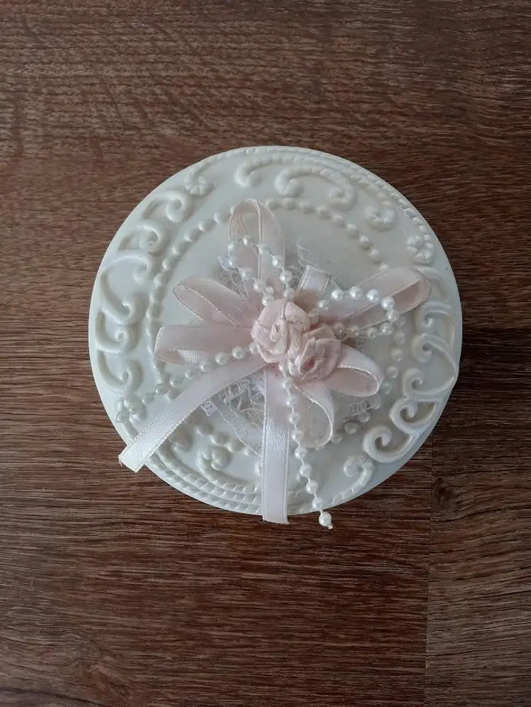 White Porcelain Trinket Box with Applied Flowers 3.75" Diameter