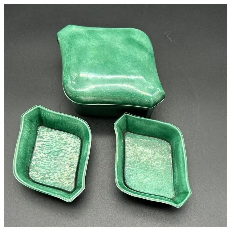 Vintage 1955 Studio Art Pottery Set Ceramic Green Glazed Box + 2 Side Dishes