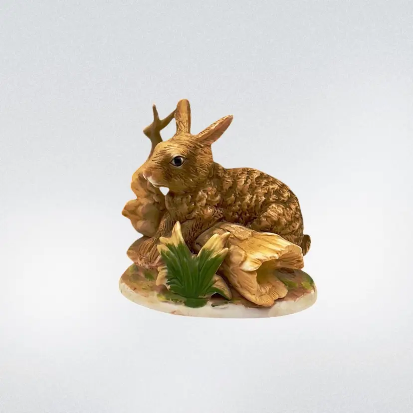 Vintage Rabbit on Log Figurine By Homco Home Interiors Porcelain 1980s