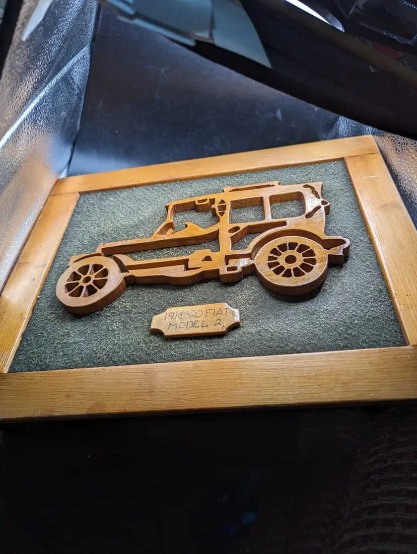 Vintage Framed Wood Cutout of 1910-20 Fiat Model 2