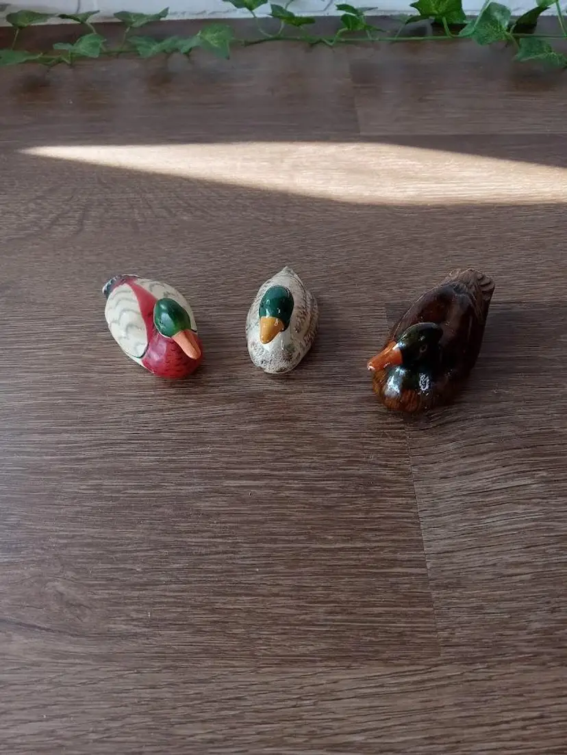 Set of 3 Miniature Ducks Mini Duck 2 Porcelain 1 Plastic 2.75-3.75"