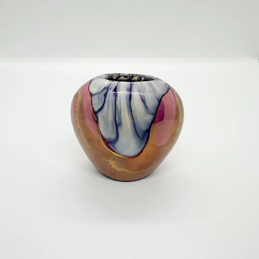 Vintage Nielsen's Handmade Ceramic Vase 24K Gold Overlay Mini Iridescent Luster Drip