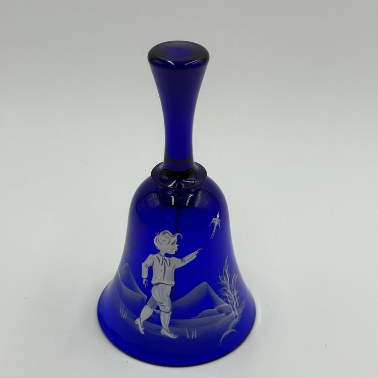 Mary Gregory Style Cobalt Blue Vintage Glass Bell Hand Painted Boy With Bird