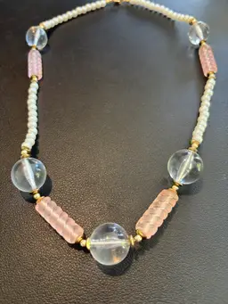 Vintage Clear And Pink Plastic Beads With Faux Pearls Necklace 22” Long