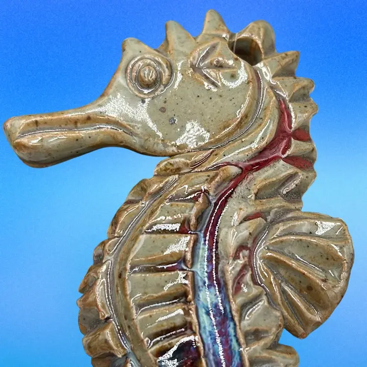 Beautiful Natural Colors Glaze, Clay Sea Horse Wall Plaque, 6”