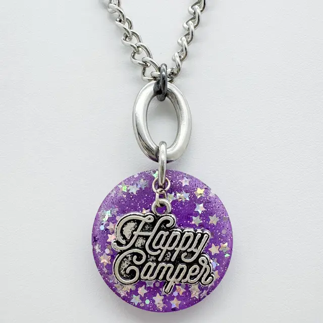 Happy Camper Charm Resin Pendant Necklace Silver Tone Hand Made