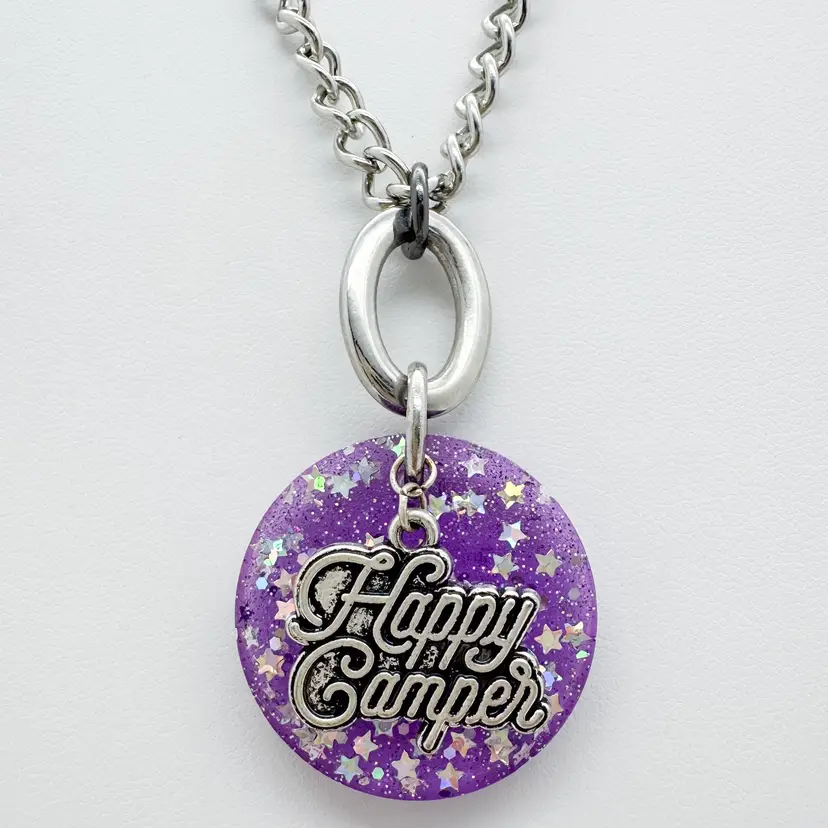 Happy Camper Charm Resin Pendant Necklace Silver Tone Hand Made