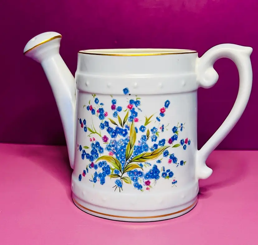 #8225 Lefton China Watering Can Planter Vase Handpainted Blue Flowers Japan