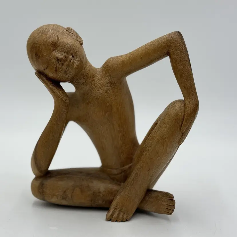 The Thinker Wood Carved Vintage Balinese Figural Sculpture c. 1970's