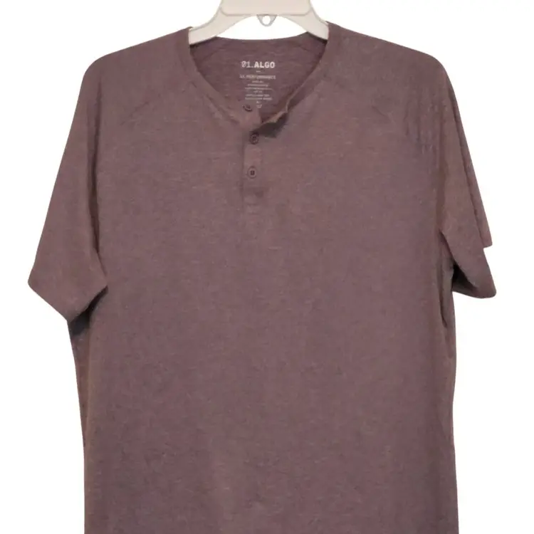 01.Algo Performance Short Sleeve Button Front Henley Shirt Mens Large Burgundy