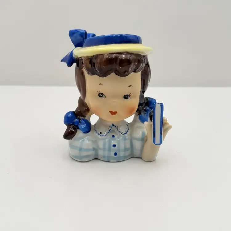 Napco  Ceramic Brunette Girl With Blue Ribbon Head Vase