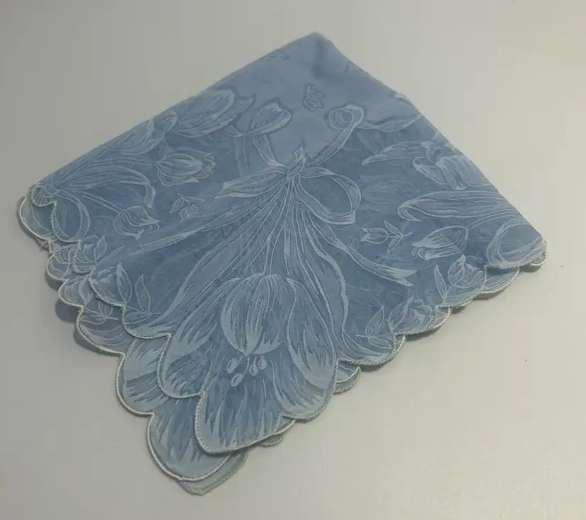 Vintage Blue Hue Tulip Flowers and Ribbon Handkerchief 11.50" x 11.50"