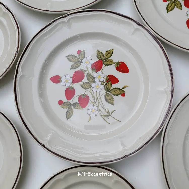 Vtg 1980s strawberry blossoms Newcor stoneware dinner & side plates japan