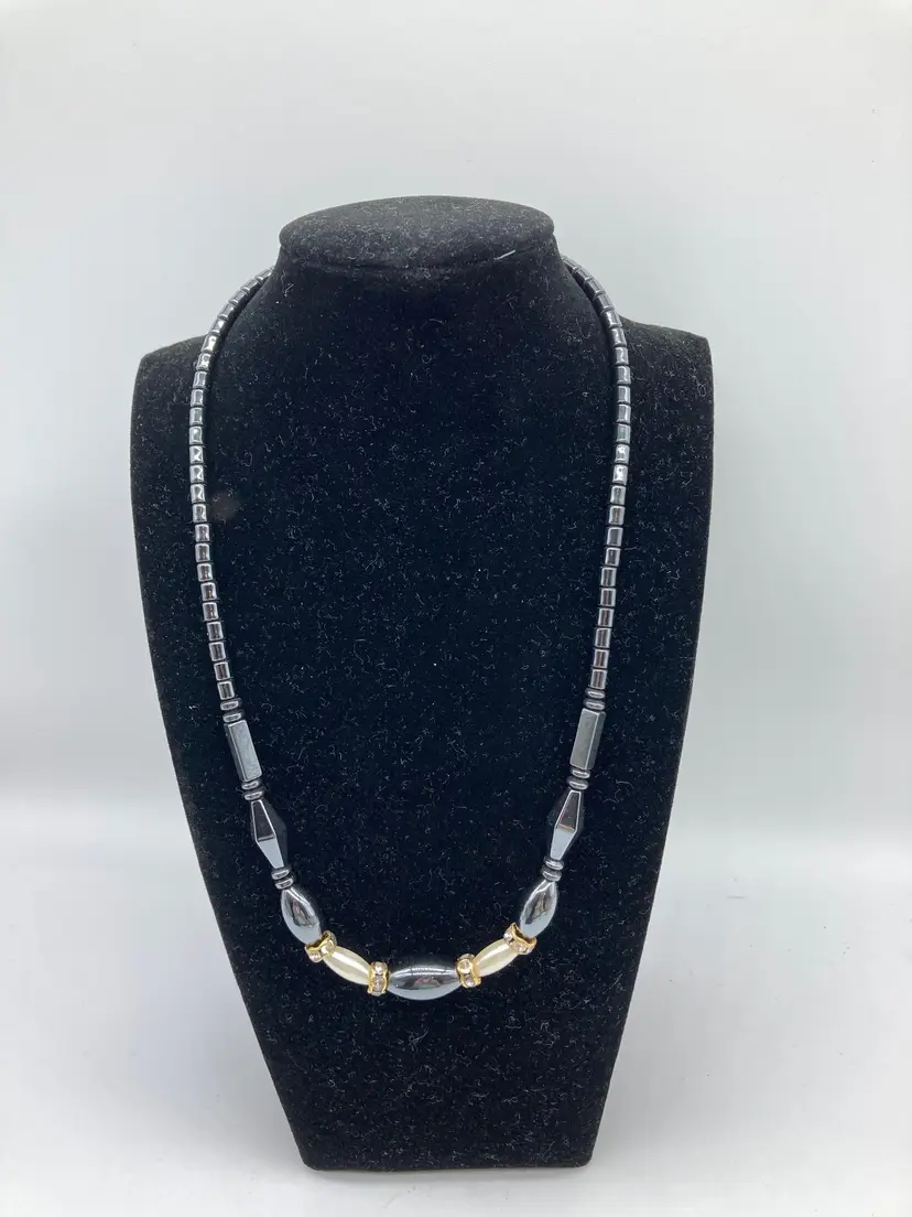 Hematite Beaded Necklace 21", Vintage Jewelry, Cylinder Goldtone and Rhinestones, Black Gunmetal Hematite Jewelry