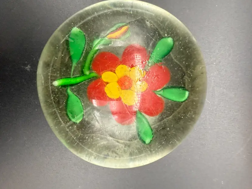 Art Glass Floral Paperweight UV Reactive - please read