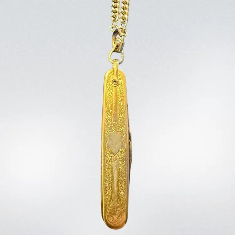 Vintage GoldTone Anvil Stainless U.S.A. Pocket Knife On Chain w/Clip